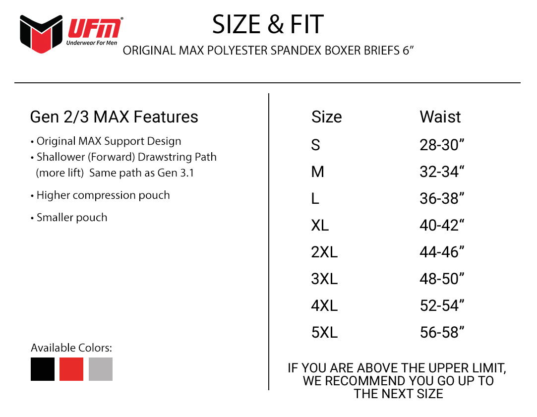 Parent UFM Underwear for Men Work Polyester 6 inch Original Max Boxer Brief Size chart