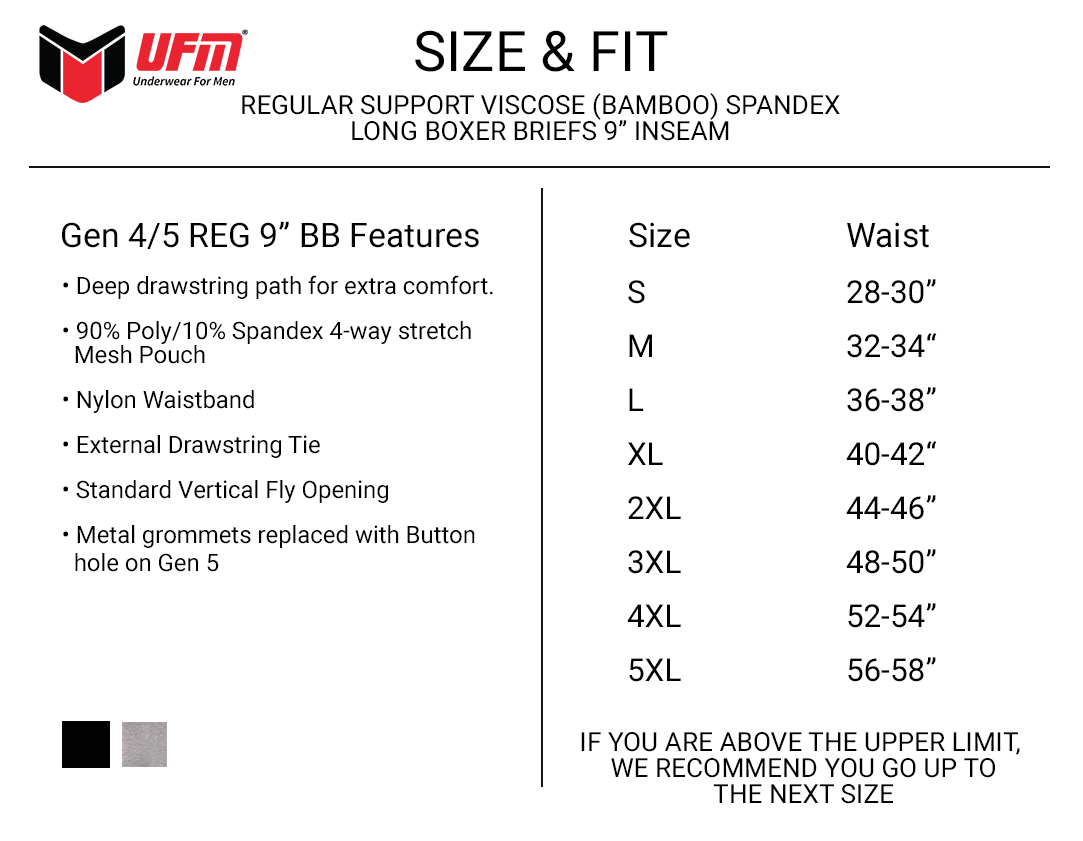 UFM Bamboo Golf 9 inch long boxer brief Size Chart