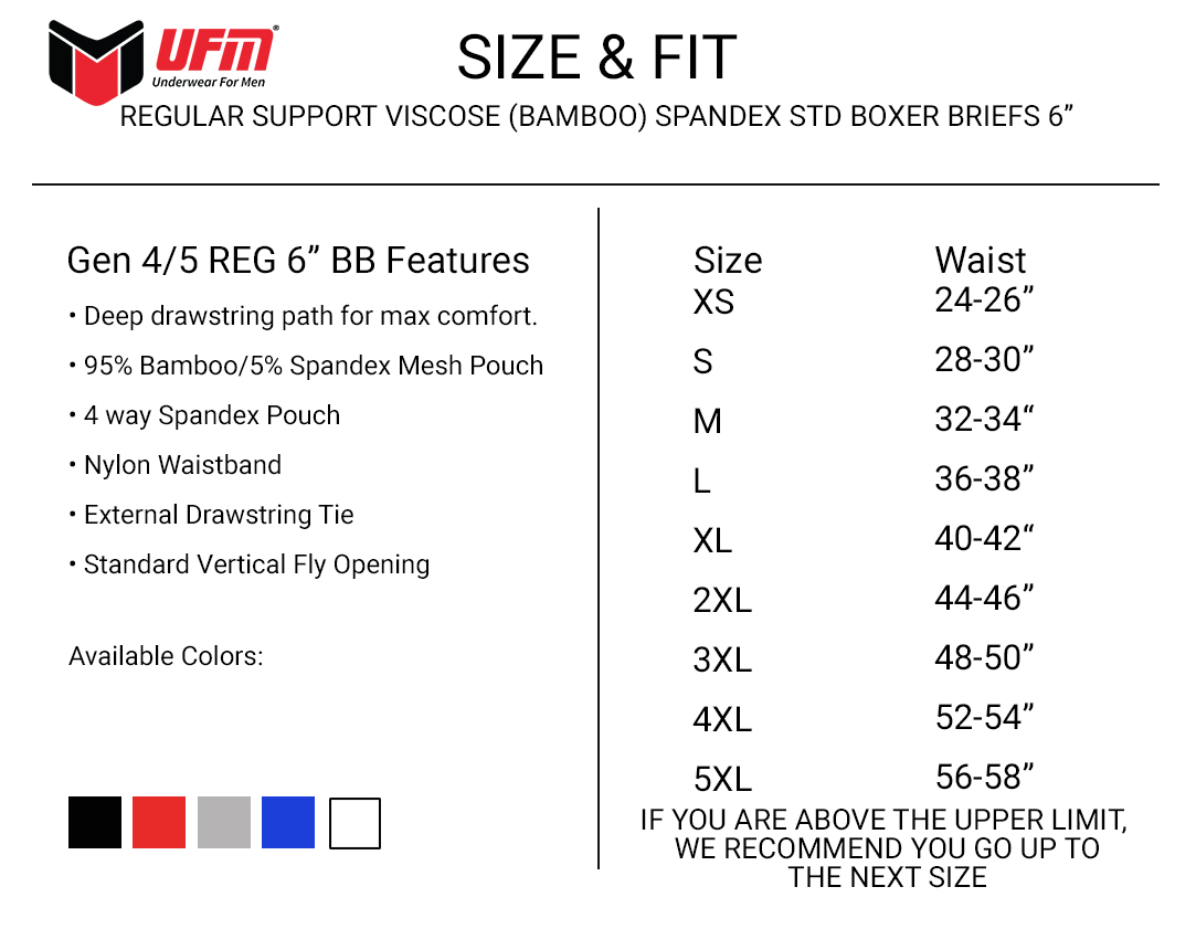 UFM Bamboo Golf 6 inch boxer brief Size Chart